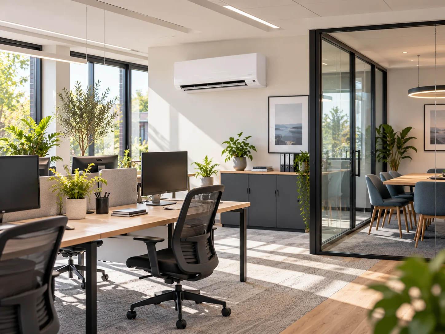 Contemporary office with desks and wall-mounted air conditioning