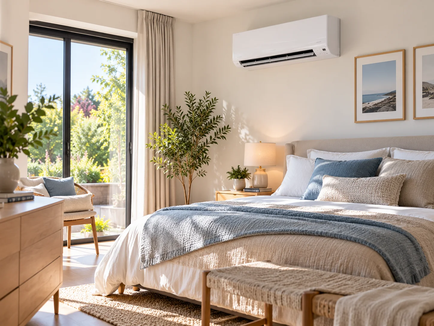 Light bedroom with a wall-mounted air conditioning unit