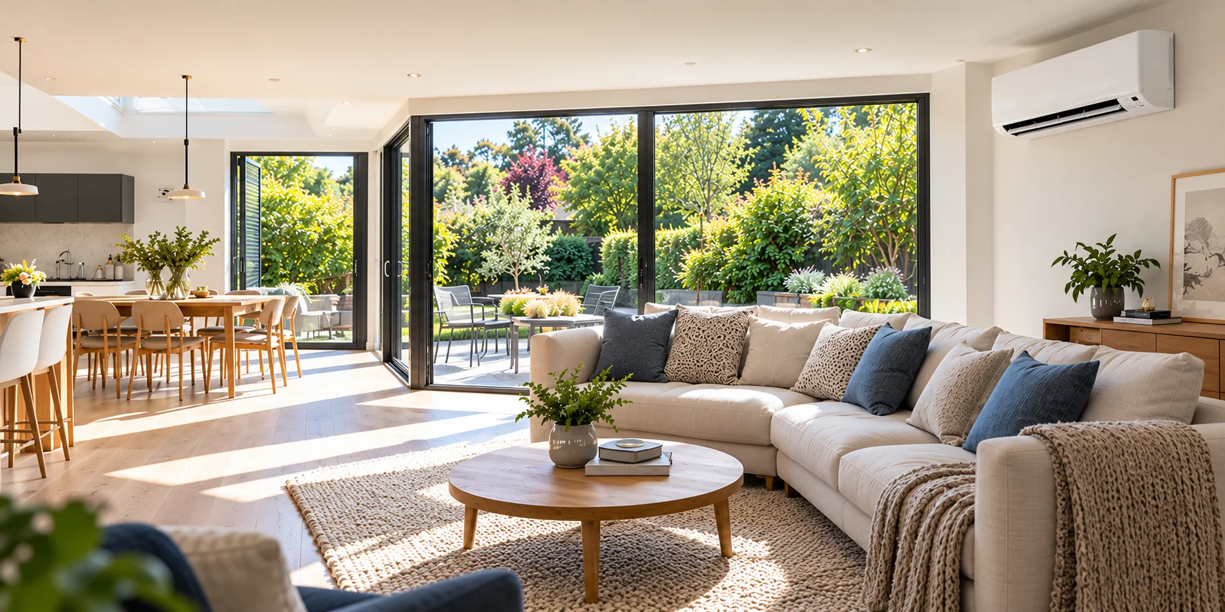 Sunlit living room with a wall-mounted air conditioning unit and garden views