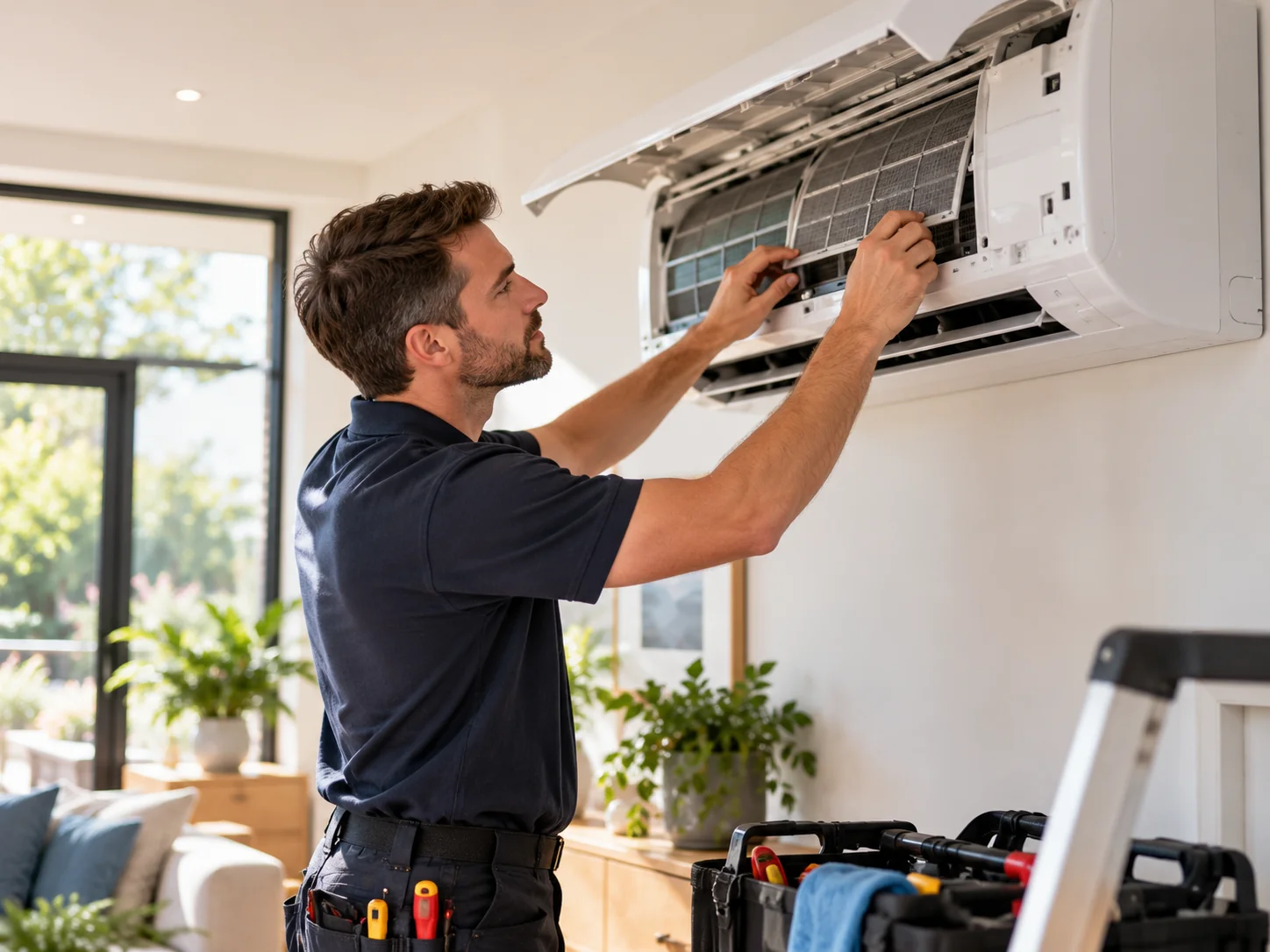 Illustrative technician inspecting the filter of an indoor air conditioning unit