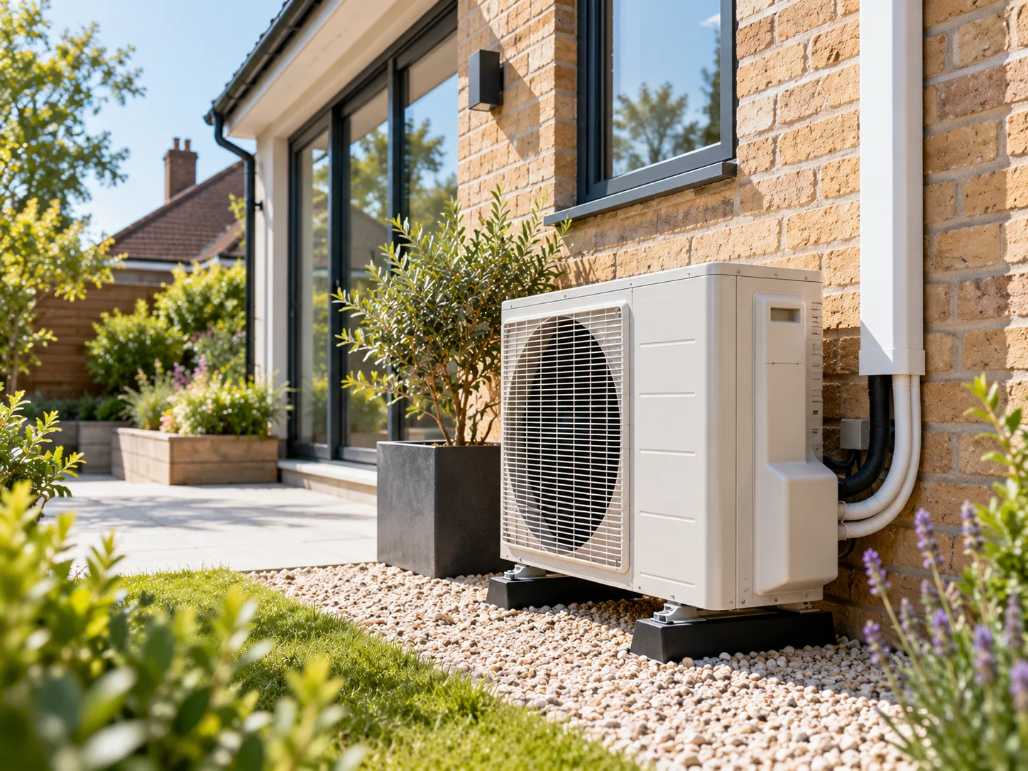 Outdoor air conditioning unit beside a brick house